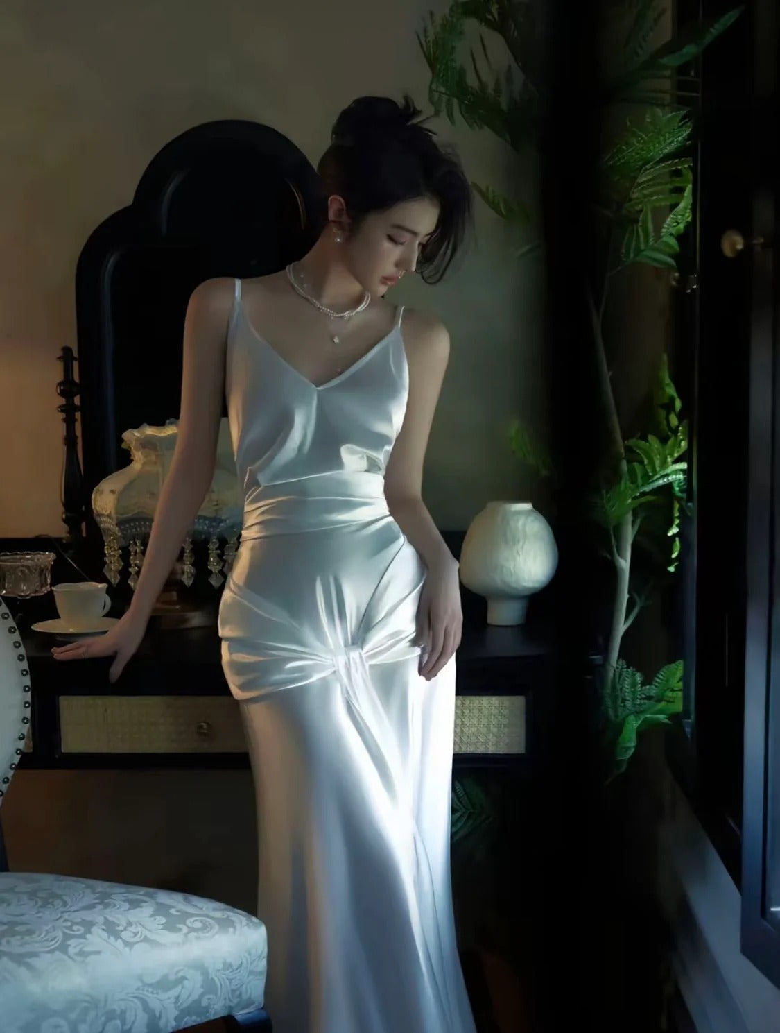 Ethereal Ivory Satin Pearl Chain Open Back Slip Gown