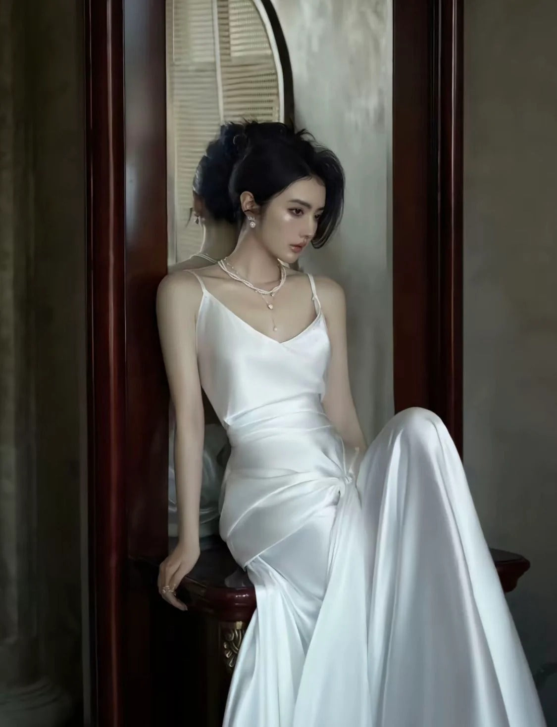 Ethereal Ivory Satin Pearl Chain Open Back Slip Gown