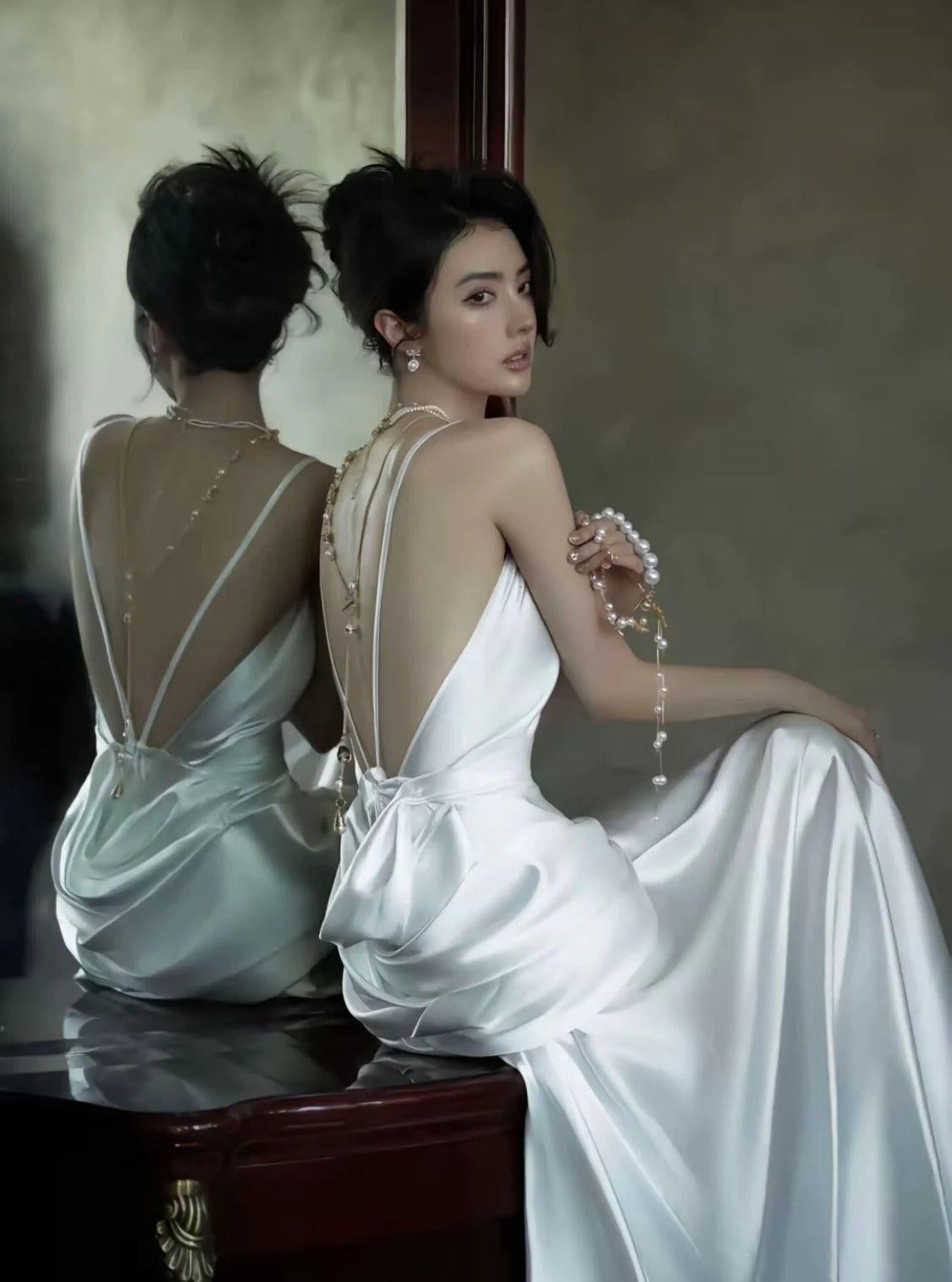 Ethereal Ivory Satin Pearl Chain Open Back Slip Gown