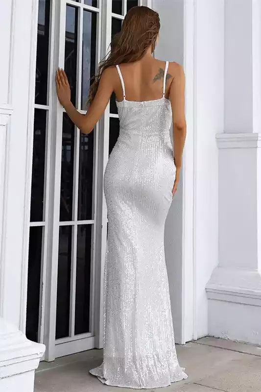 Ethereal Ivory Sequin Mermaid Gown with Deep V-Neckline & High Side Slit