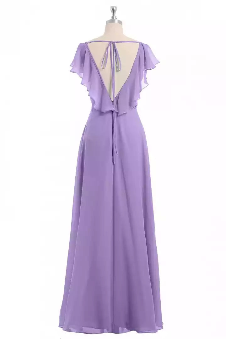 Ethereal Lavender Chiffon Gown with Flutter Sleeve V-Neck & Open Tie-Back
