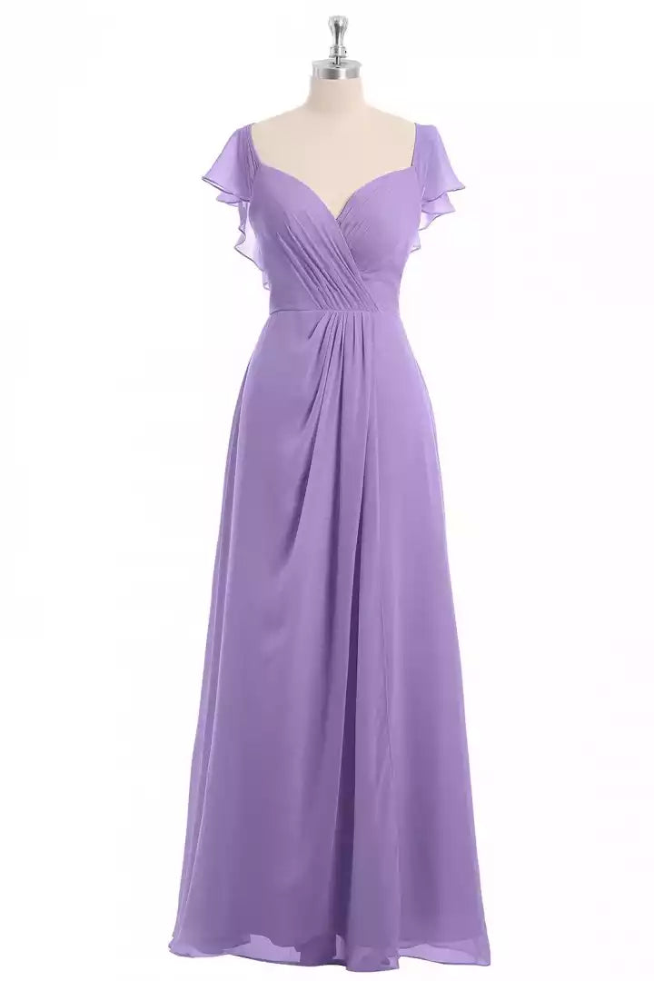 Ethereal Lavender Chiffon Gown with Flutter Sleeve V-Neck & Open Tie-Back