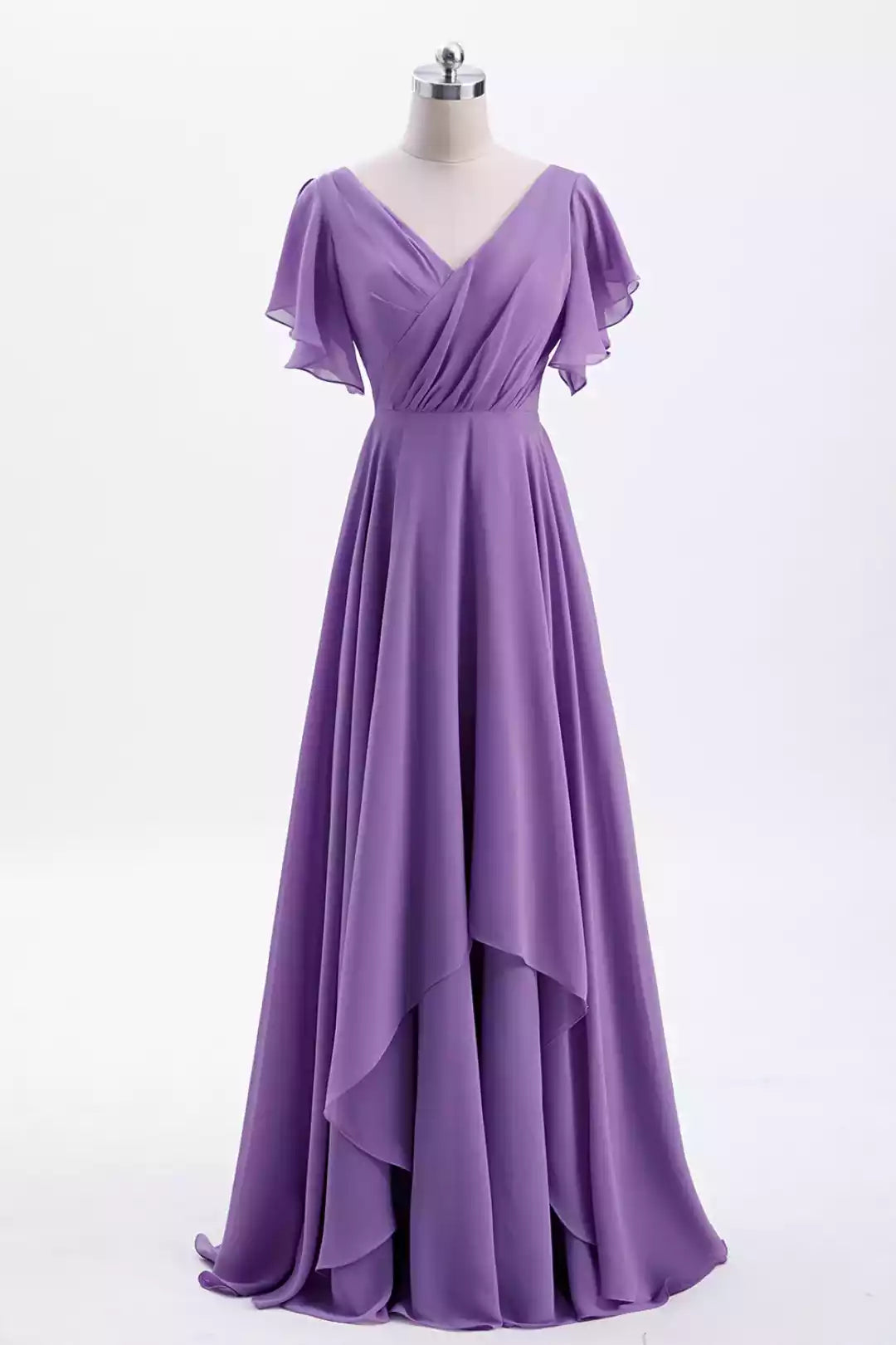 Ethereal Lavender Chiffon Gown with Flutter Sleeves & Deep V-Back
