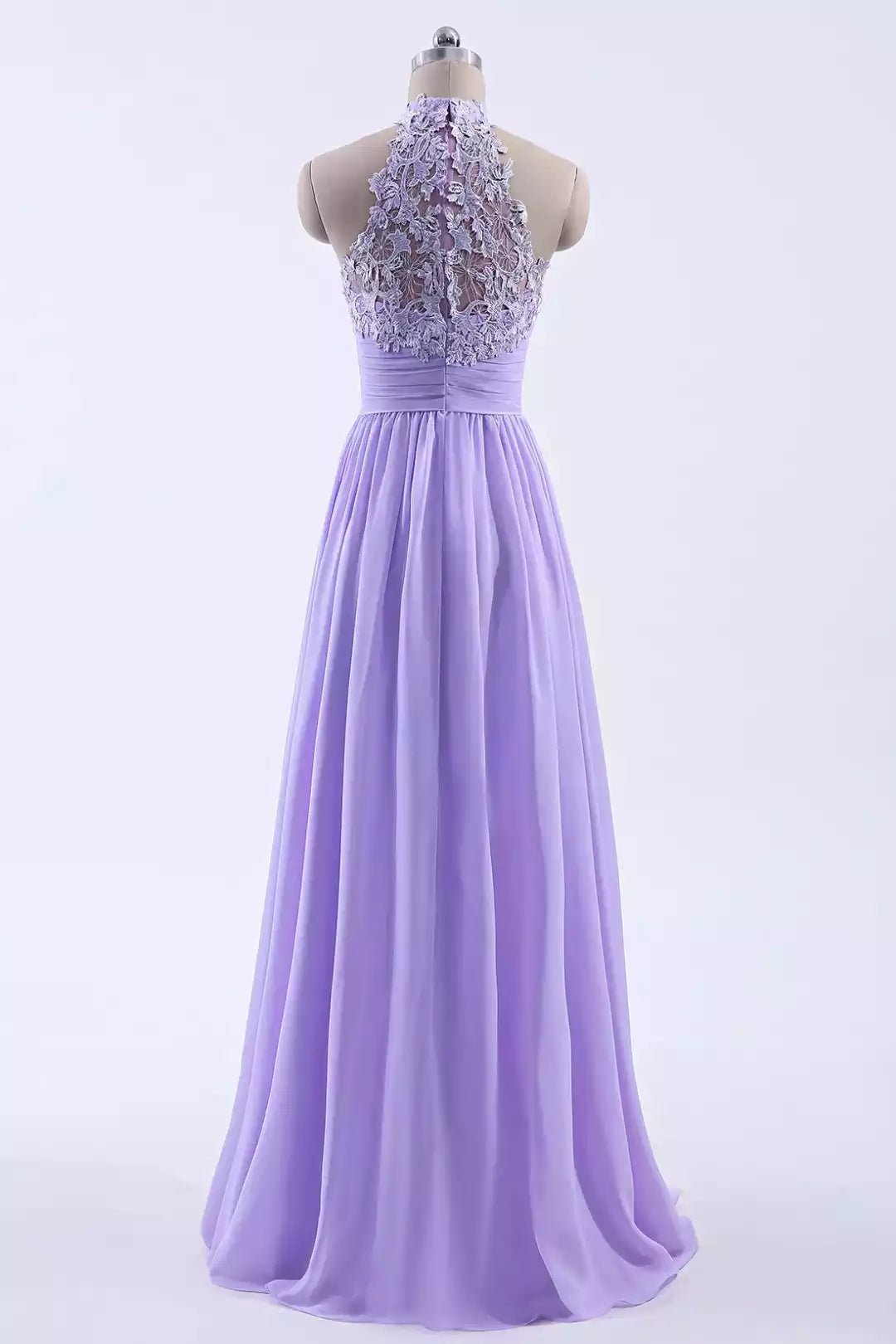 Ethereal Lavender Chiffon Gown with Halter Lace Back & Ruched Bodice