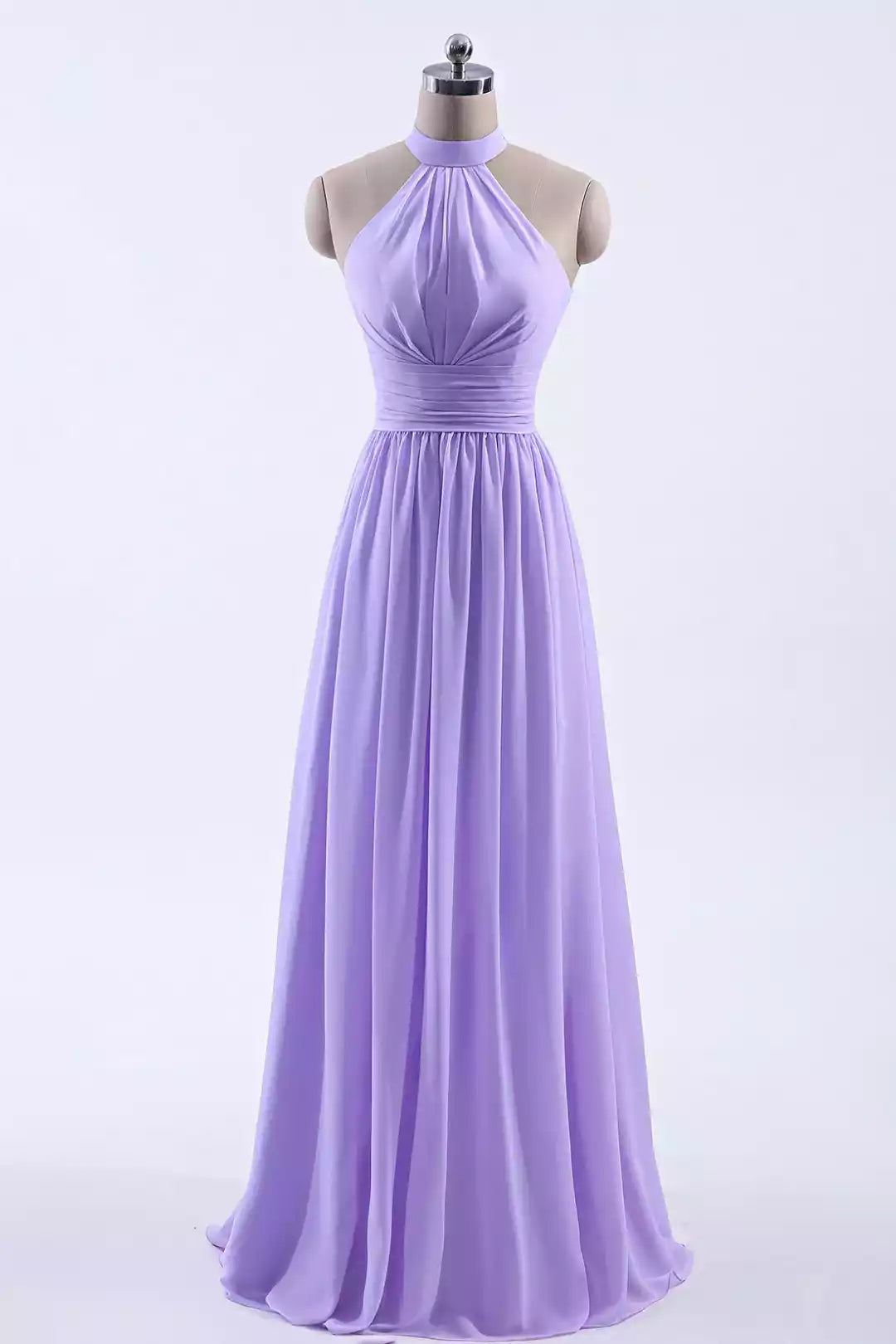 Ethereal Lavender Chiffon Gown with Halter Lace Back & Ruched Bodice