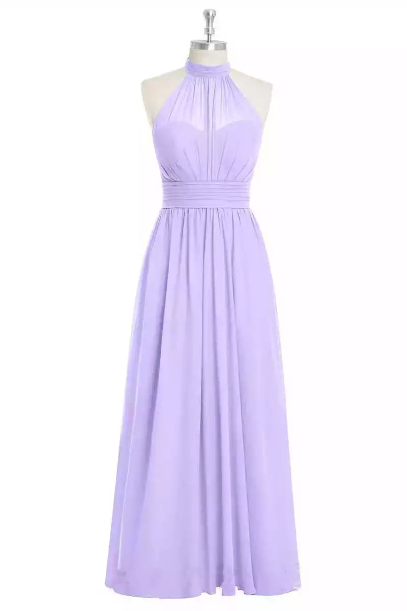 Ethereal Lavender Chiffon Gown with Halter Tie Back & Ruched Bodice
