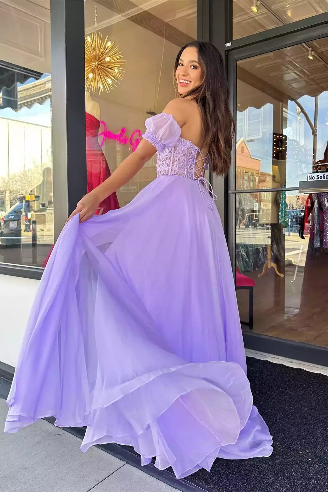 Ethereal Lavender Chiffon Gown with Lace Bodice & Off-the-Shoulder Puff Sleeves