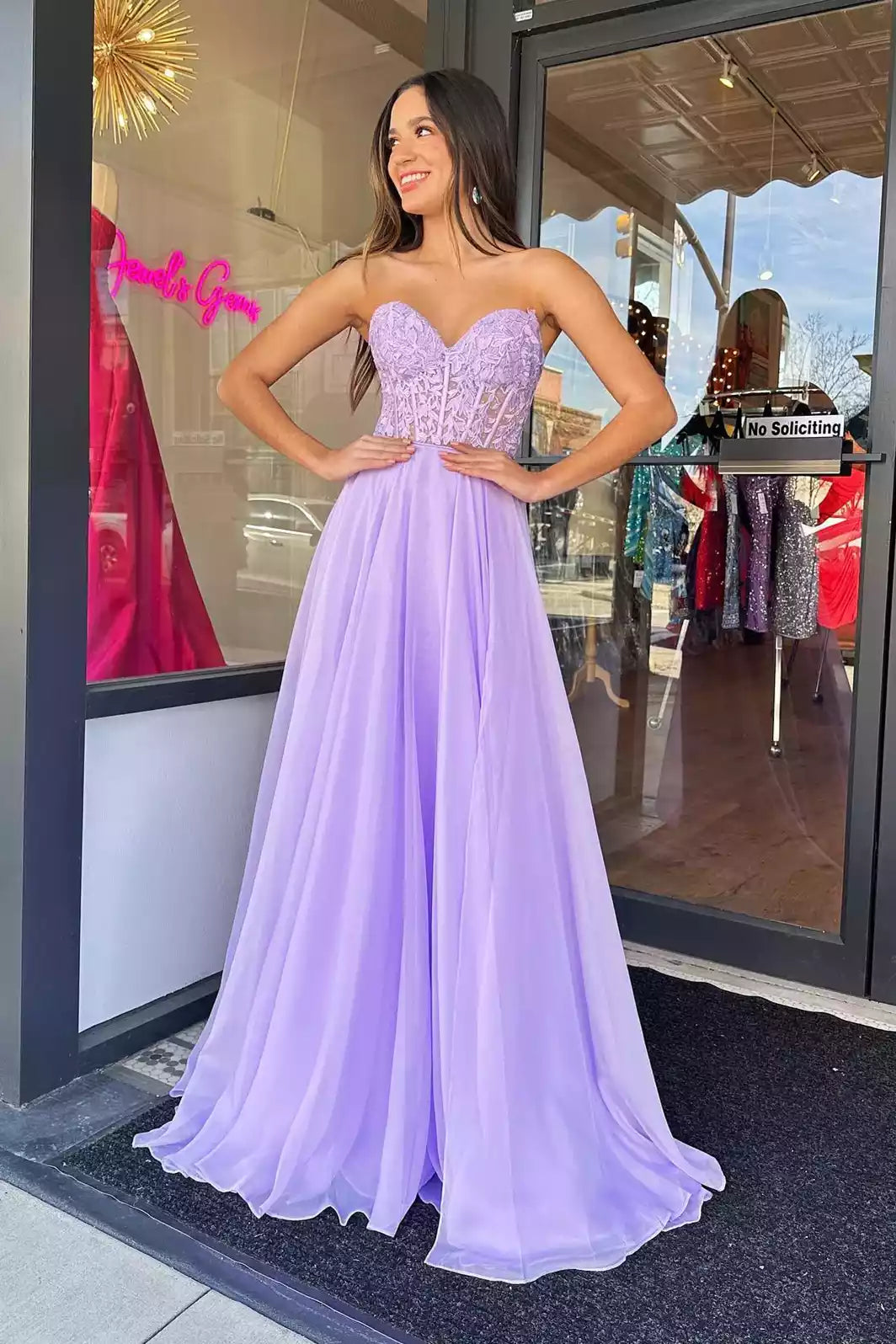 Ethereal Lavender Chiffon Gown with Lace Bodice & Off-the-Shoulder Puff Sleeves