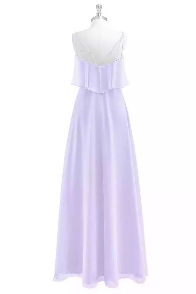 Ethereal Lavender Chiffon Gown with Ruffled Layered Bodice & Spaghetti Straps