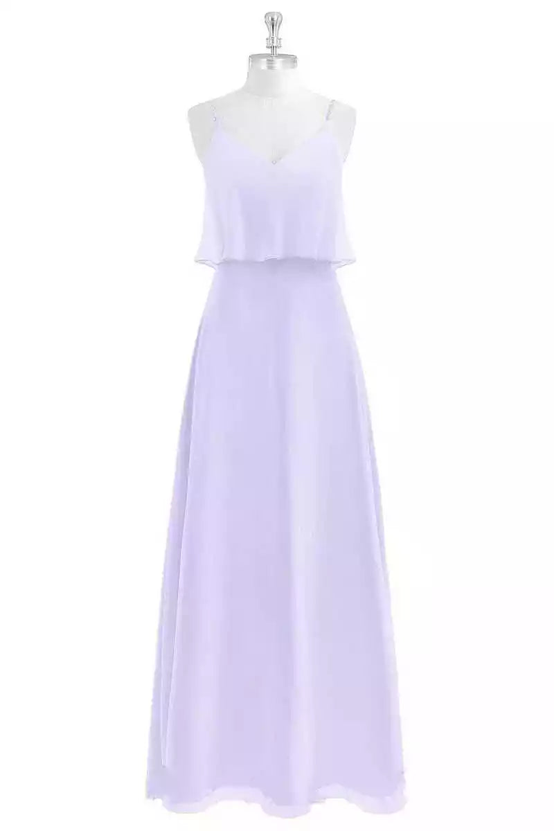Ethereal Lavender Chiffon Gown with Spaghetti Straps & Ruffled Overlay