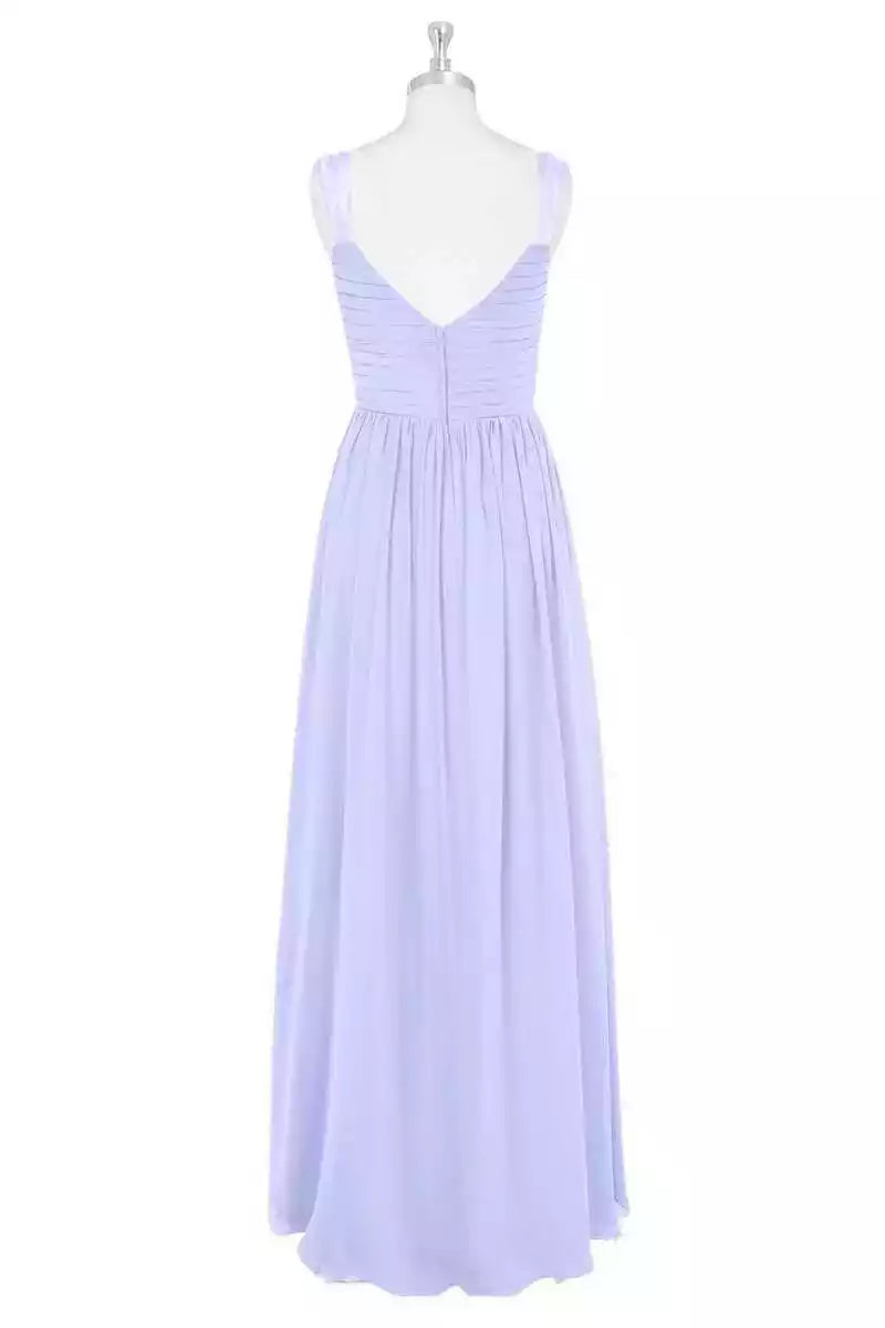 Ethereal Lavender Chiffon Gown with V-Neck & Ruched Bodice