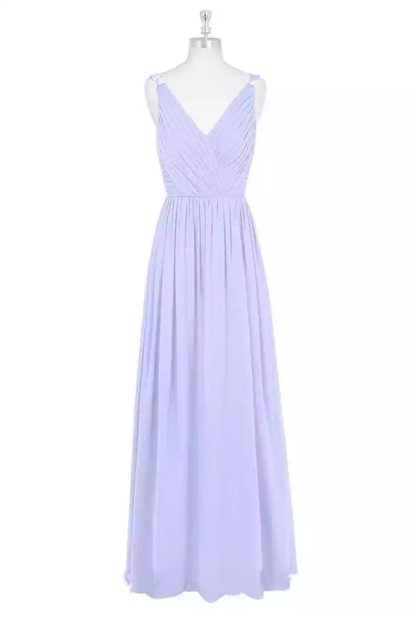 Ethereal Lavender Chiffon Gown with V-Neck & Ruched Bodice