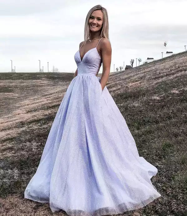 Ethereal Lavender Glitter Tulle Ballgown with Plunging V-Neck & Crisscross Back