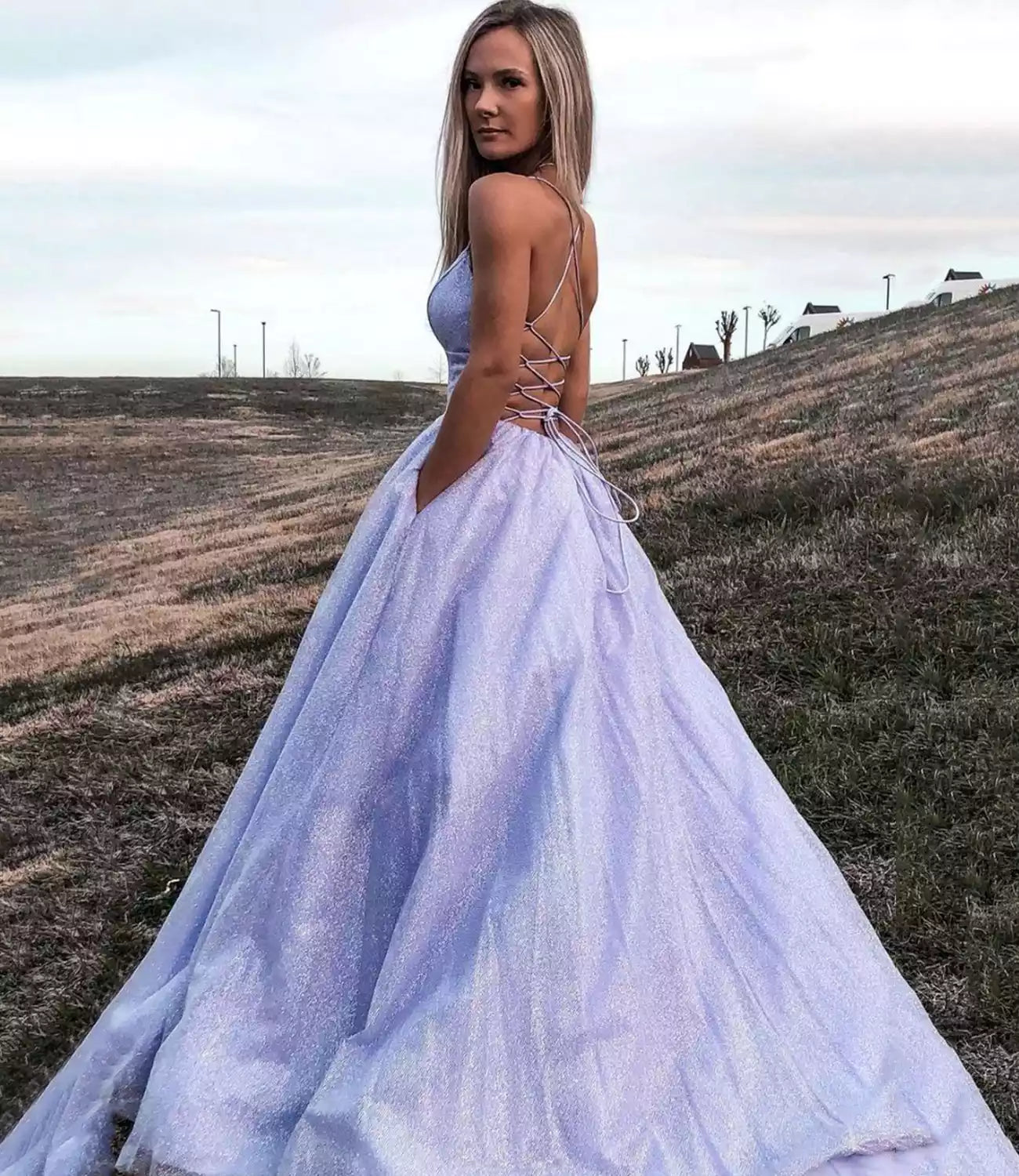 Ethereal Lavender Glitter Tulle Ballgown with Plunging V-Neck & Crisscross Back