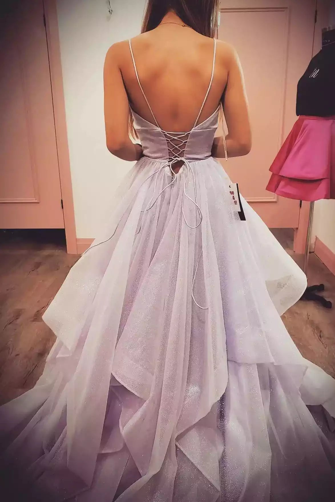 Ethereal Lavender Glitter Tulle Ballgown with Plunging V-Neckline & Lace-Up Back