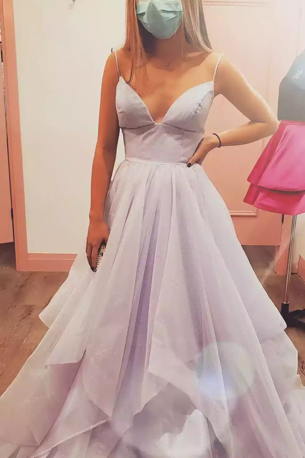 Ethereal Lavender Glitter Tulle Ballgown with Plunging V-Neckline & Lace-Up Back