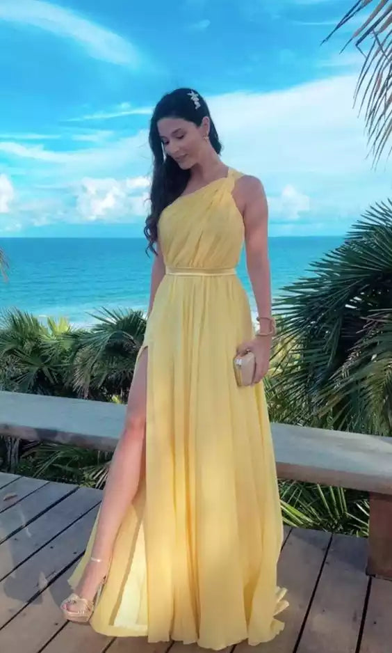 Ethereal Lemon Yellow Chiffon One-Shoulder Gown with High Slit