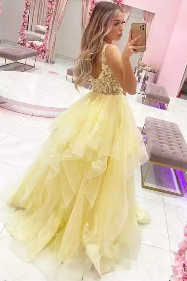 Ethereal Lemon Yellow Tulle Ballgown with Lace Embroidery & Tiered Skirt