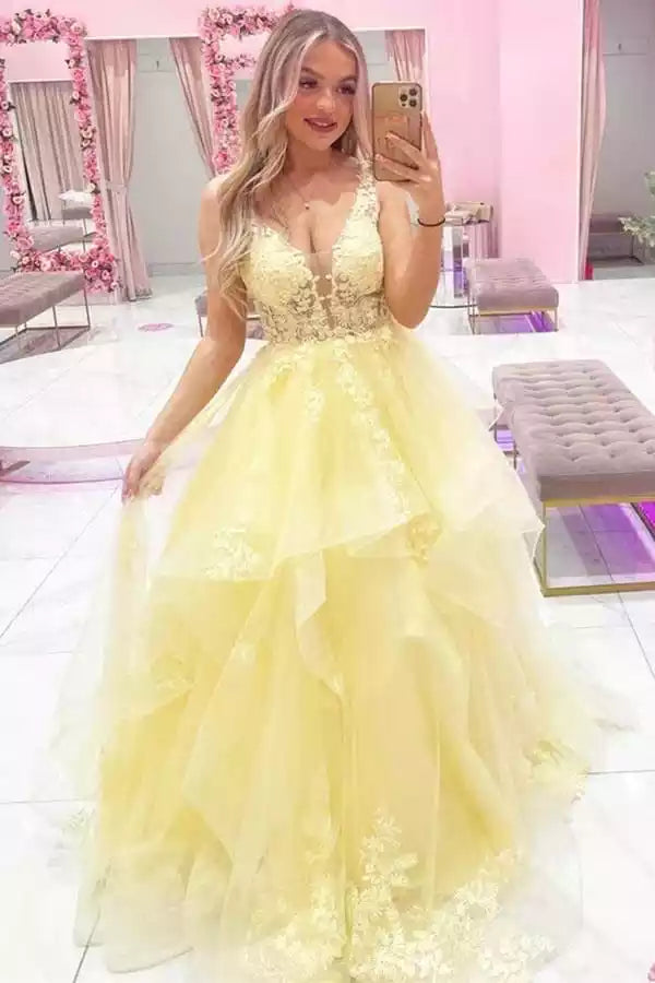 Ethereal Lemon Yellow Tulle Ballgown with Lace Embroidery & Tiered Skirt