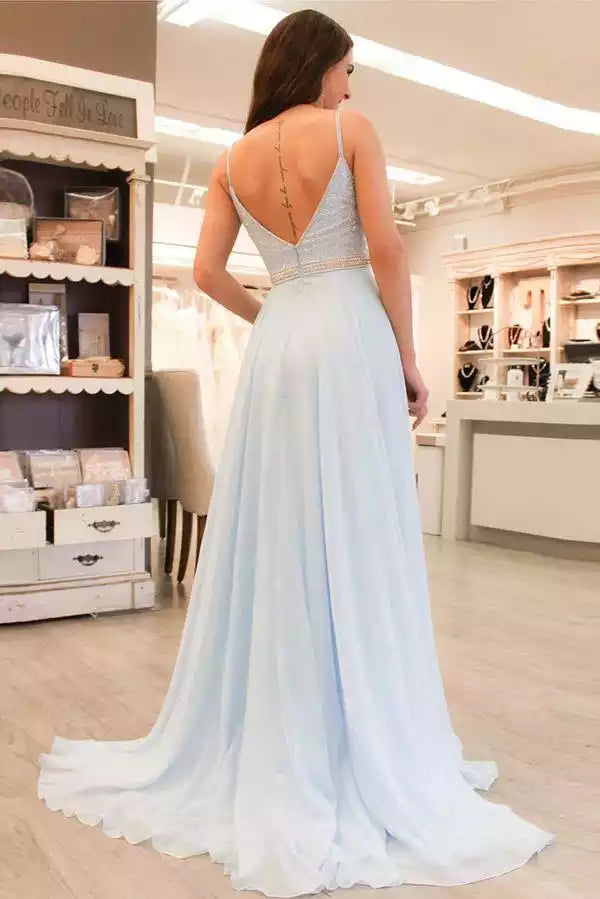 Ethereal Light Blue Chiffon Gown with Beaded Bodice & Open Back