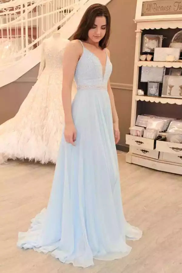 Ethereal Light Blue Chiffon Gown with Beaded Bodice & Open Back