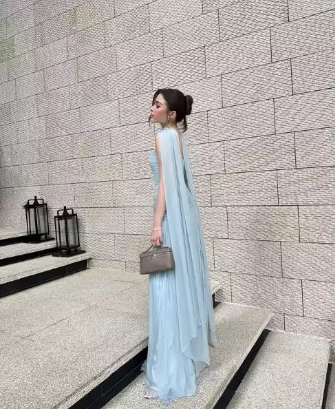 Ethereal Light Blue Chiffon Gown with Strapless Bodice & Draped Cape
