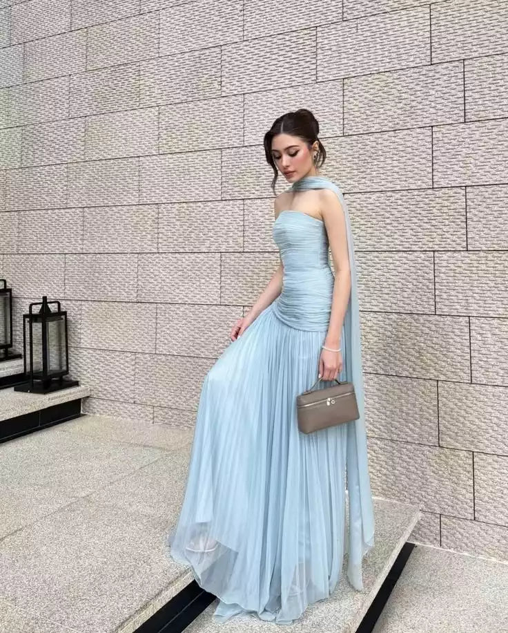 Ethereal Light Blue Chiffon Gown with Strapless Bodice & Draped Cape