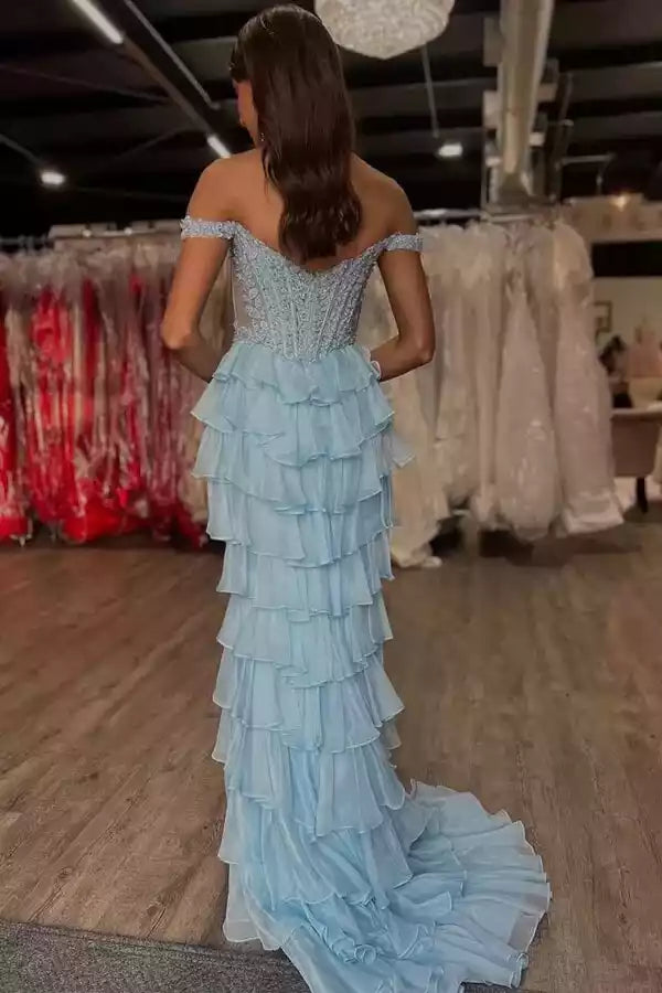 Ethereal Light Blue Off-the-Shoulder Gown with Lace Bodice & Tiered Ruffles