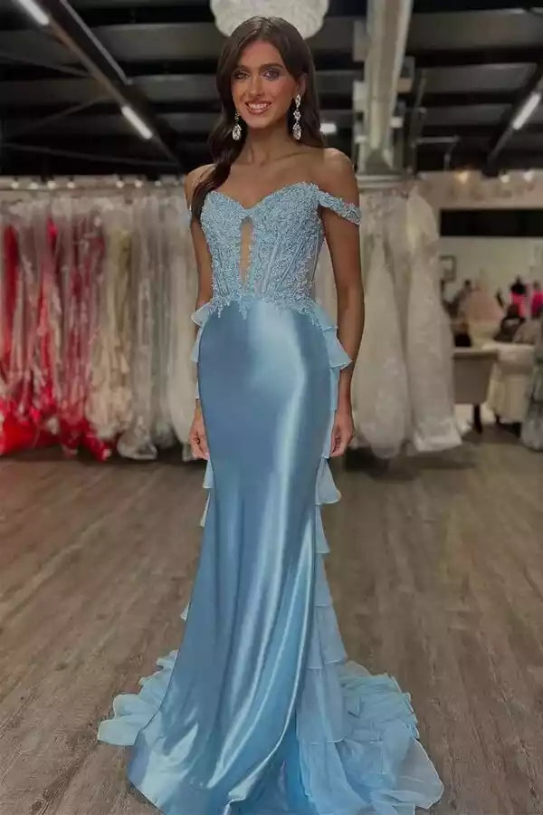 Ethereal Light Blue Off-the-Shoulder Gown with Lace Bodice & Tiered Ruffles
