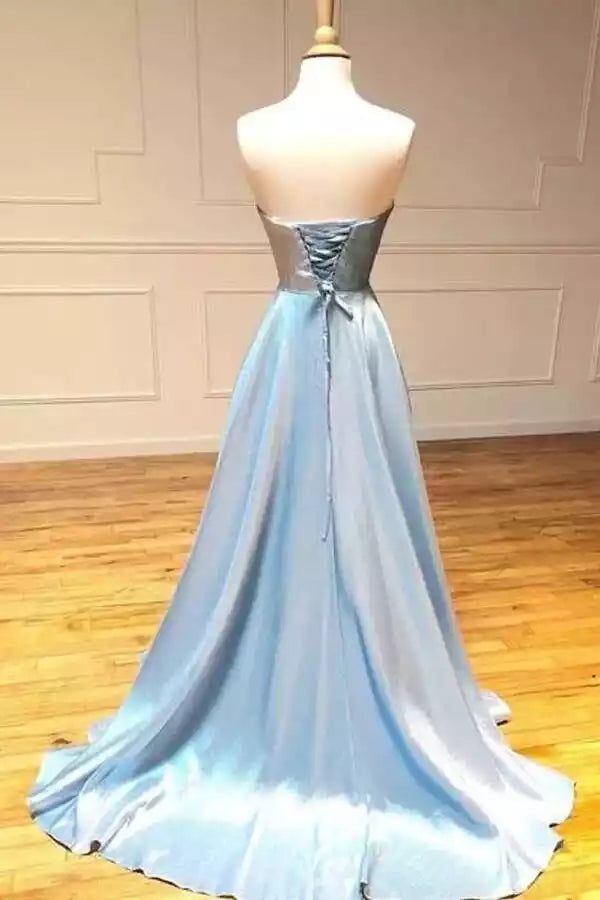 Ethereal Light Blue Satin Ballgown with Strapless Sweetheart Neckline