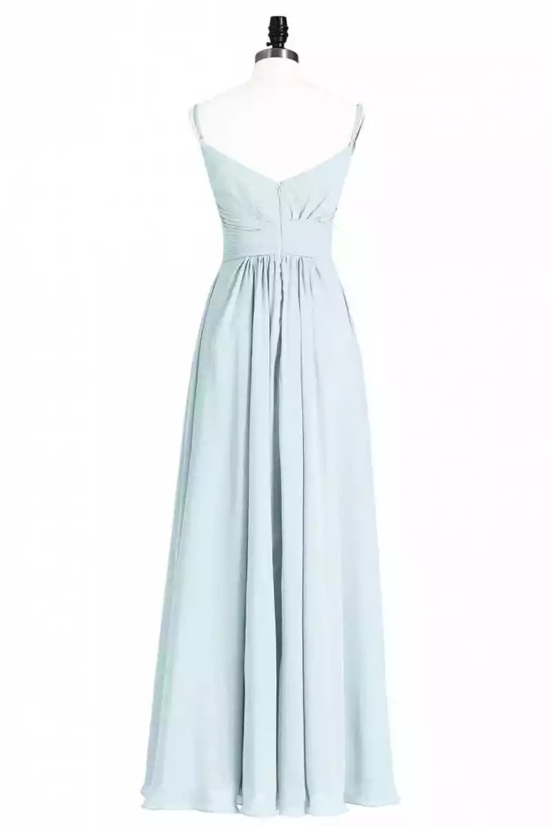 Ethereal Mint Blue Chiffon Gown with Spaghetti Strap Ruched Bodice & V-Back