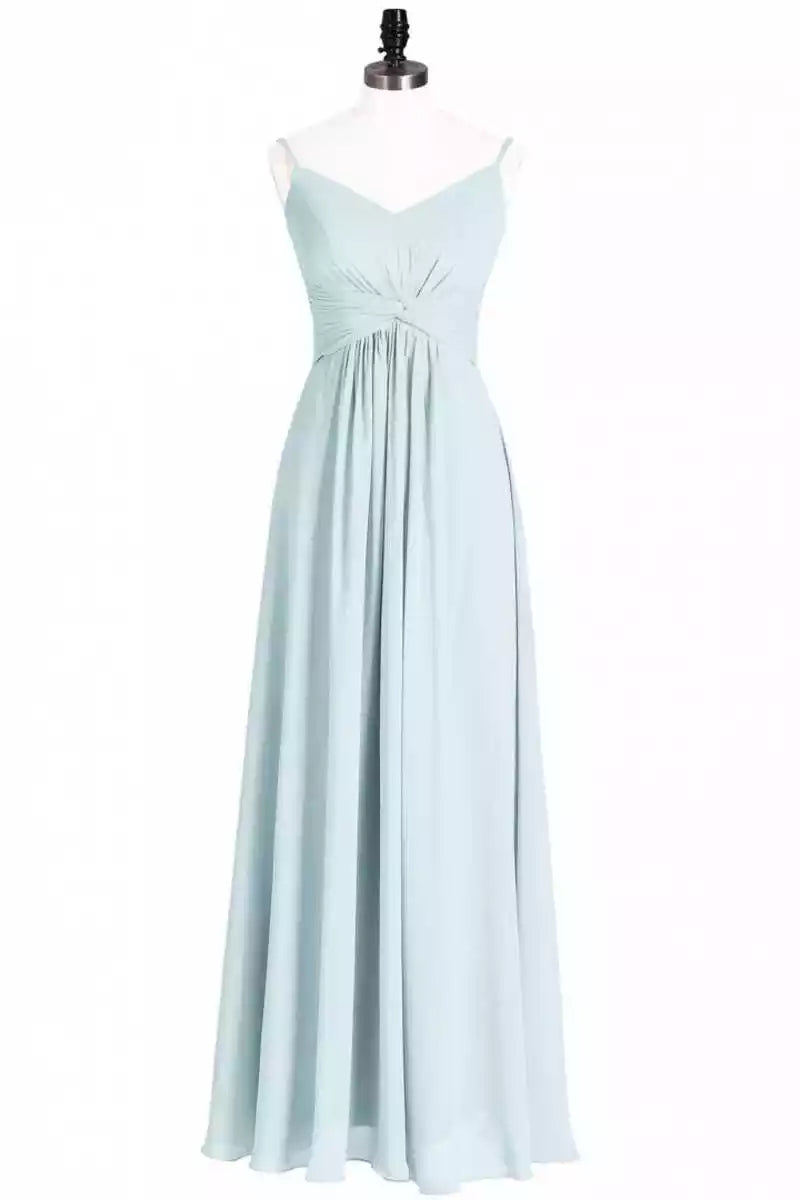 Ethereal Mint Blue Chiffon Gown with Spaghetti Strap Ruched Bodice & V-Back