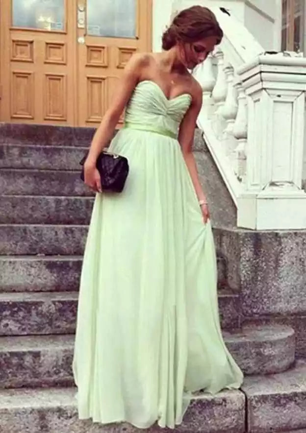Ethereal Mint Chiffon Gown with Strapless Ruched Bodice & Defined Waistband