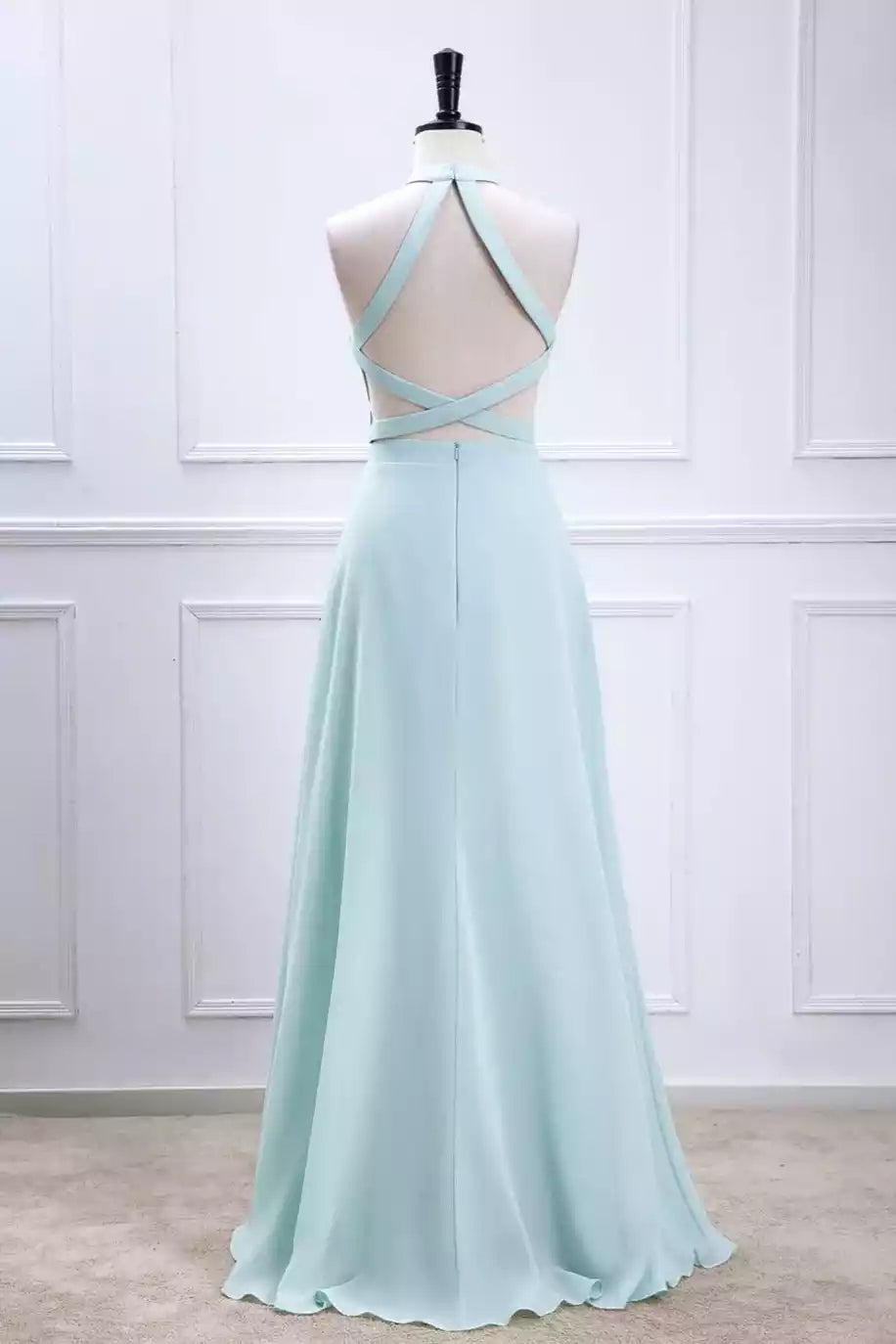 Ethereal Mint Green Chiffon Gown with Crisscross Halter Back