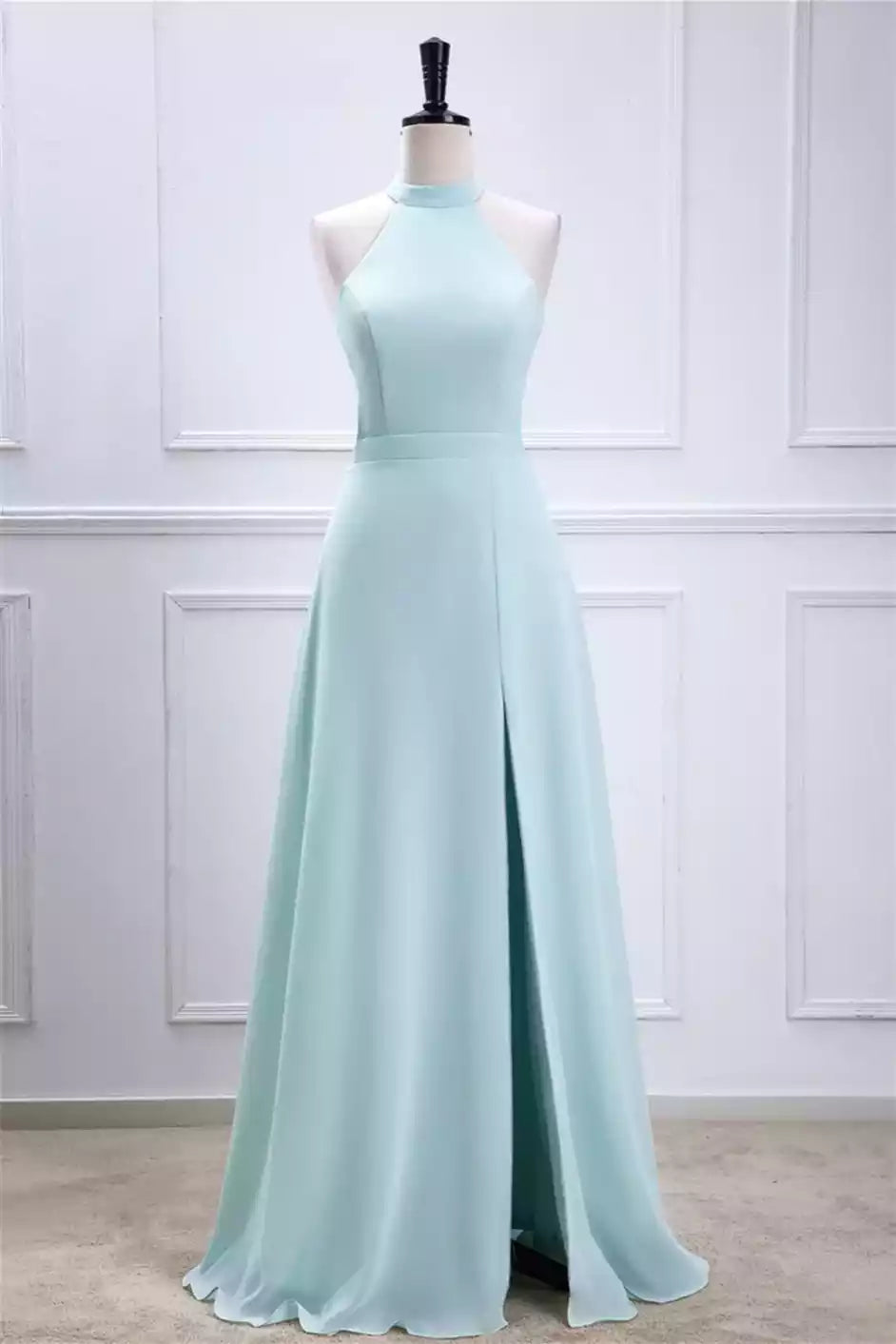 Ethereal Mint Green Chiffon Gown with Crisscross Halter Back