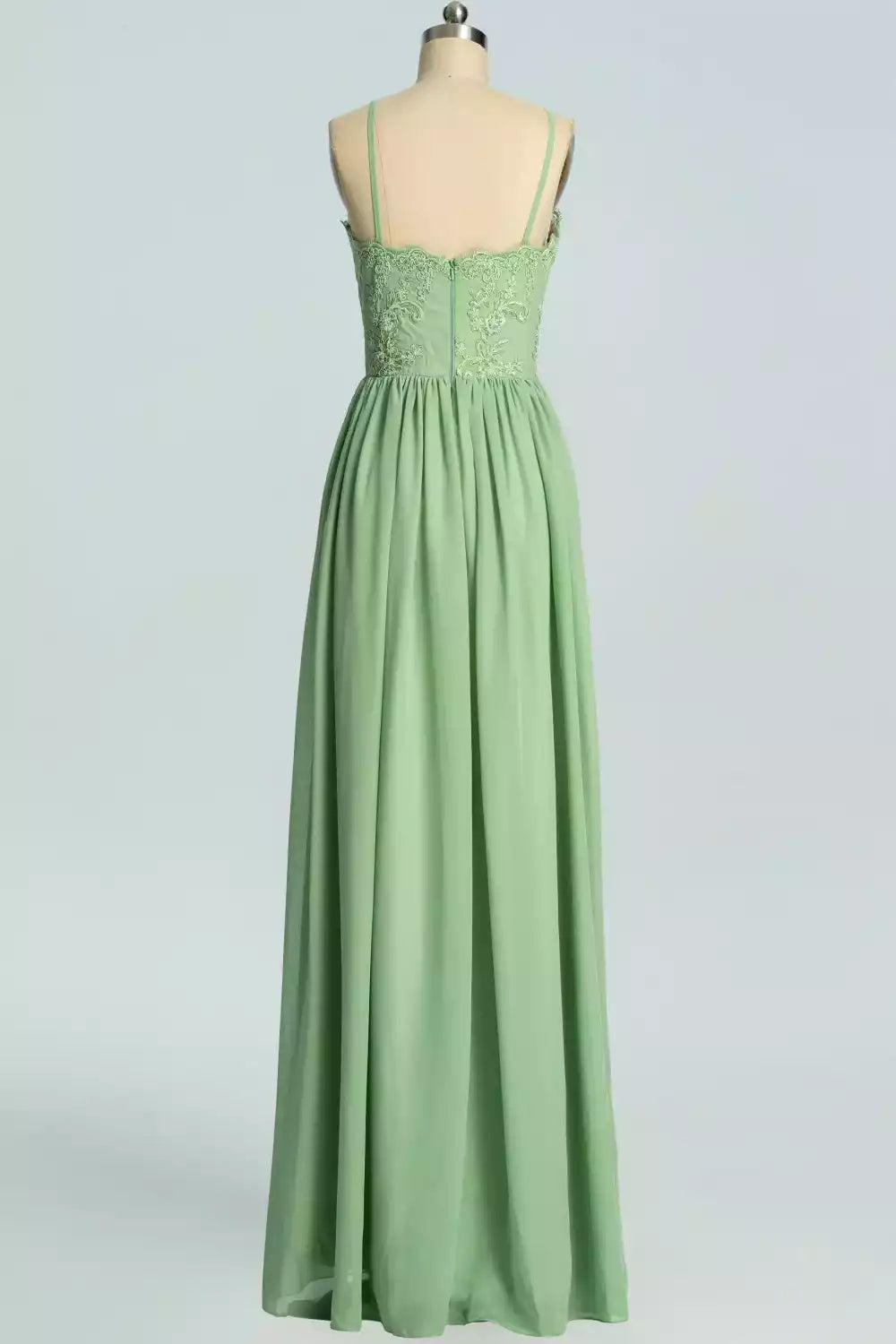 Ethereal Mint Green Chiffon Gown with Halter Lace Bodice & Spaghetti Straps