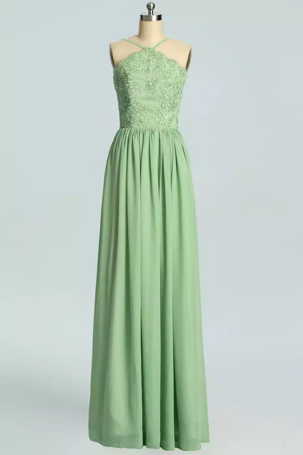 Ethereal Mint Green Chiffon Gown with Halter Lace Bodice & Spaghetti Straps