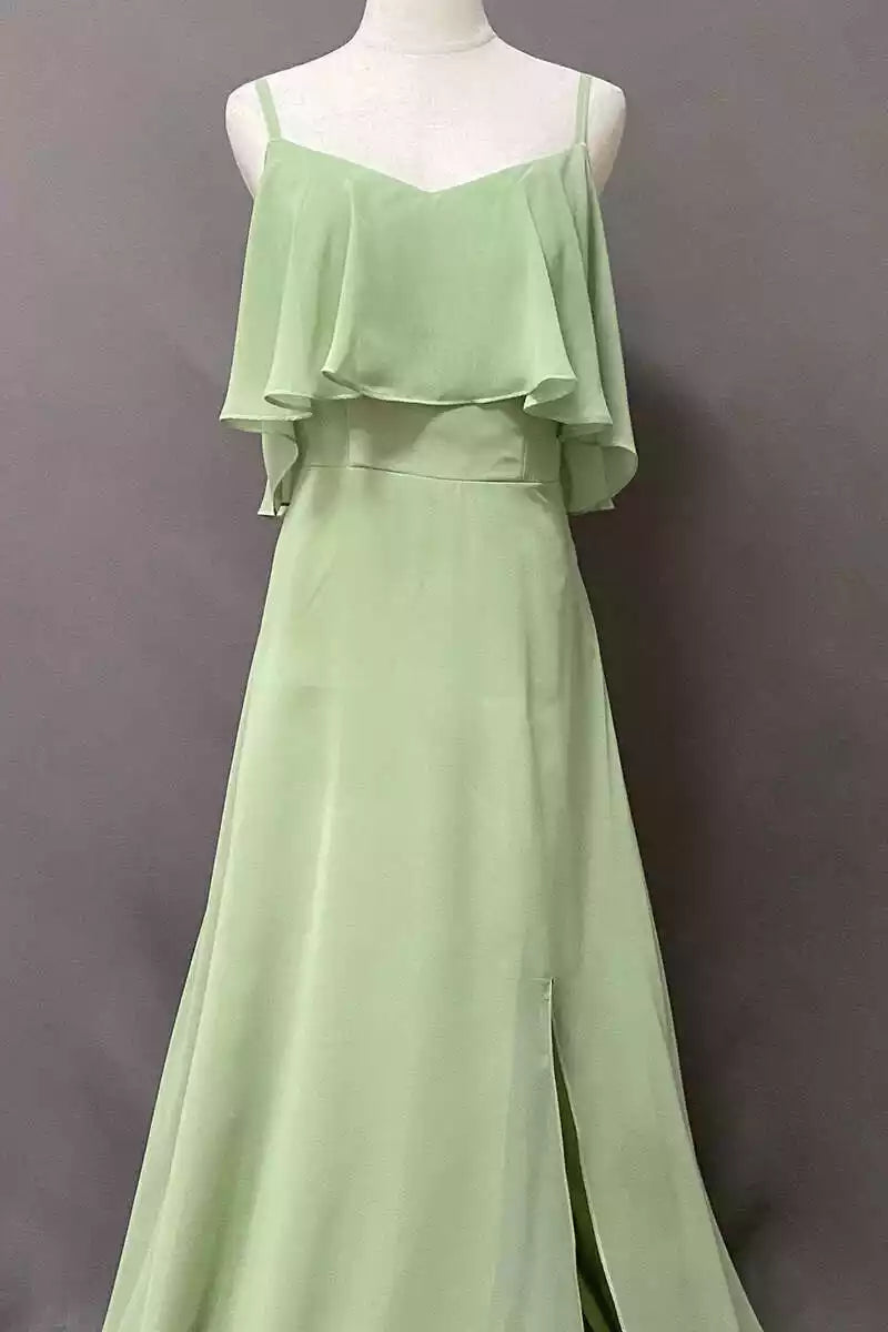 Ethereal Mint Green Chiffon Gown with Ruffled Overlay & Scalloped Hem