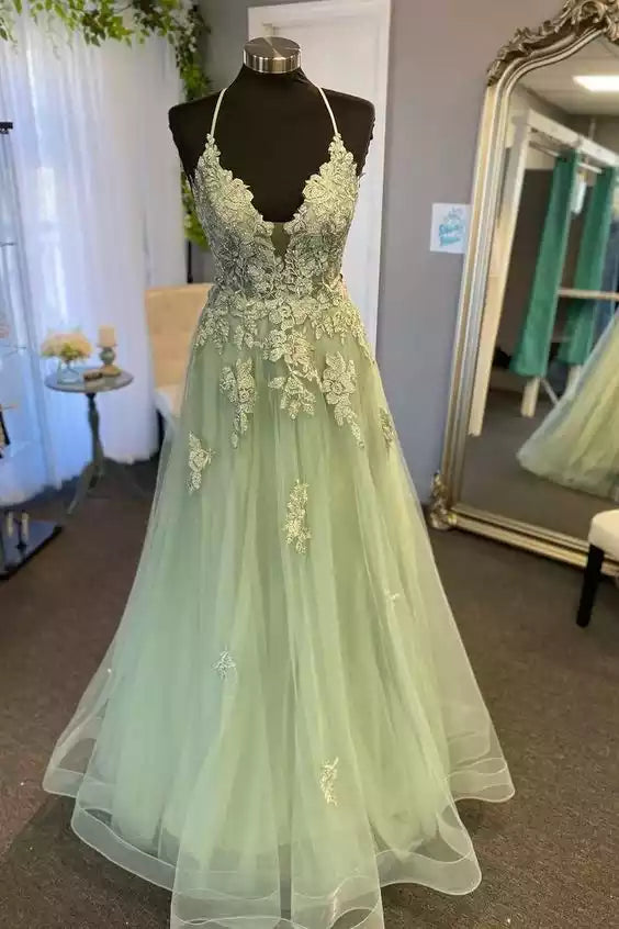 Ethereal Mint Green Tulle Ballgown with Floral Lace Embroidery & Crisscross Back