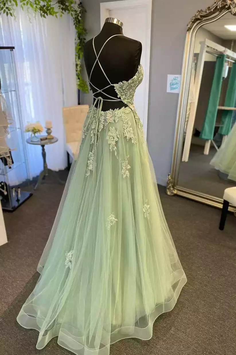 Ethereal Mint Green Tulle Ballgown with Floral Lace Embroidery & Crisscross Back