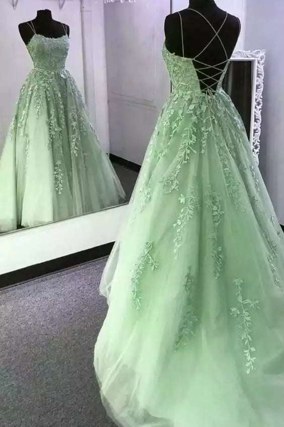 Ethereal Mint Green Tulle Ballgown with Leaf Lace Embroidery & Crisscross Back