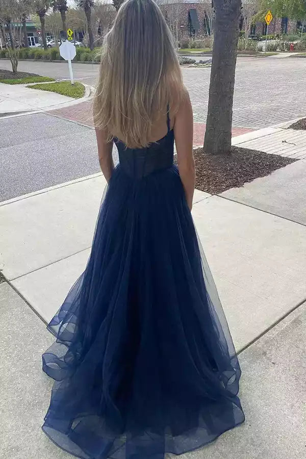 Ethereal Navy Tulle Gown with Spaghetti Straps & High Slit