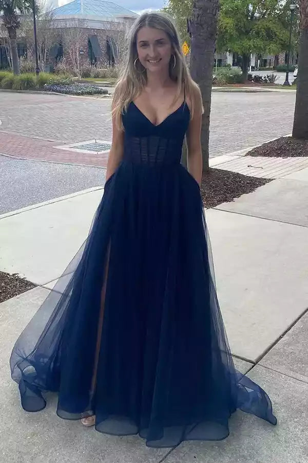 Ethereal Navy Tulle Gown with Spaghetti Straps & High Slit