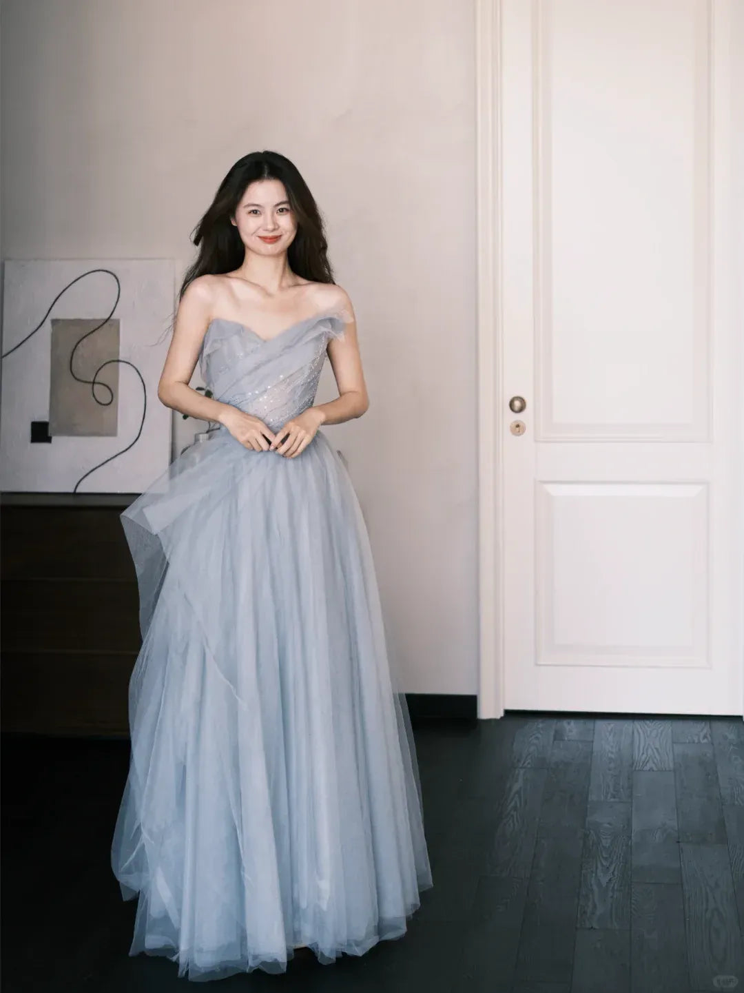 Ethereal Off-The-Shoulder Ruffled Skirt Dusty Blue Tulle Gown