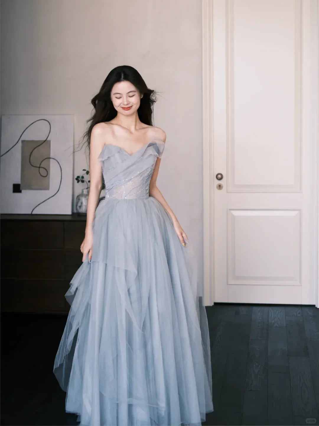 Ethereal Off-The-Shoulder Ruffled Skirt Dusty Blue Tulle Gown