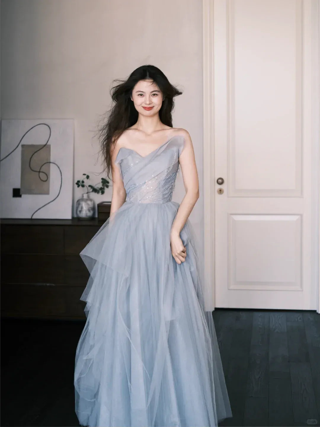 Ethereal Off-The-Shoulder Ruffled Skirt Dusty Blue Tulle Gown