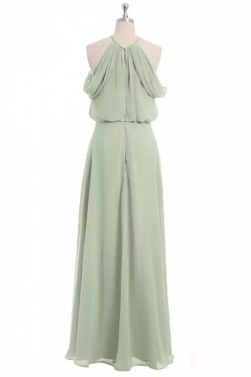 Ethereal Sage Green Chiffon Gown with Halter Cold-Shoulder Bodice
