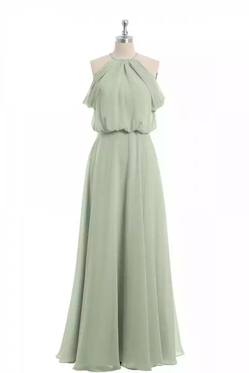 Ethereal Sage Green Chiffon Gown with Halter Cold-Shoulder Bodice