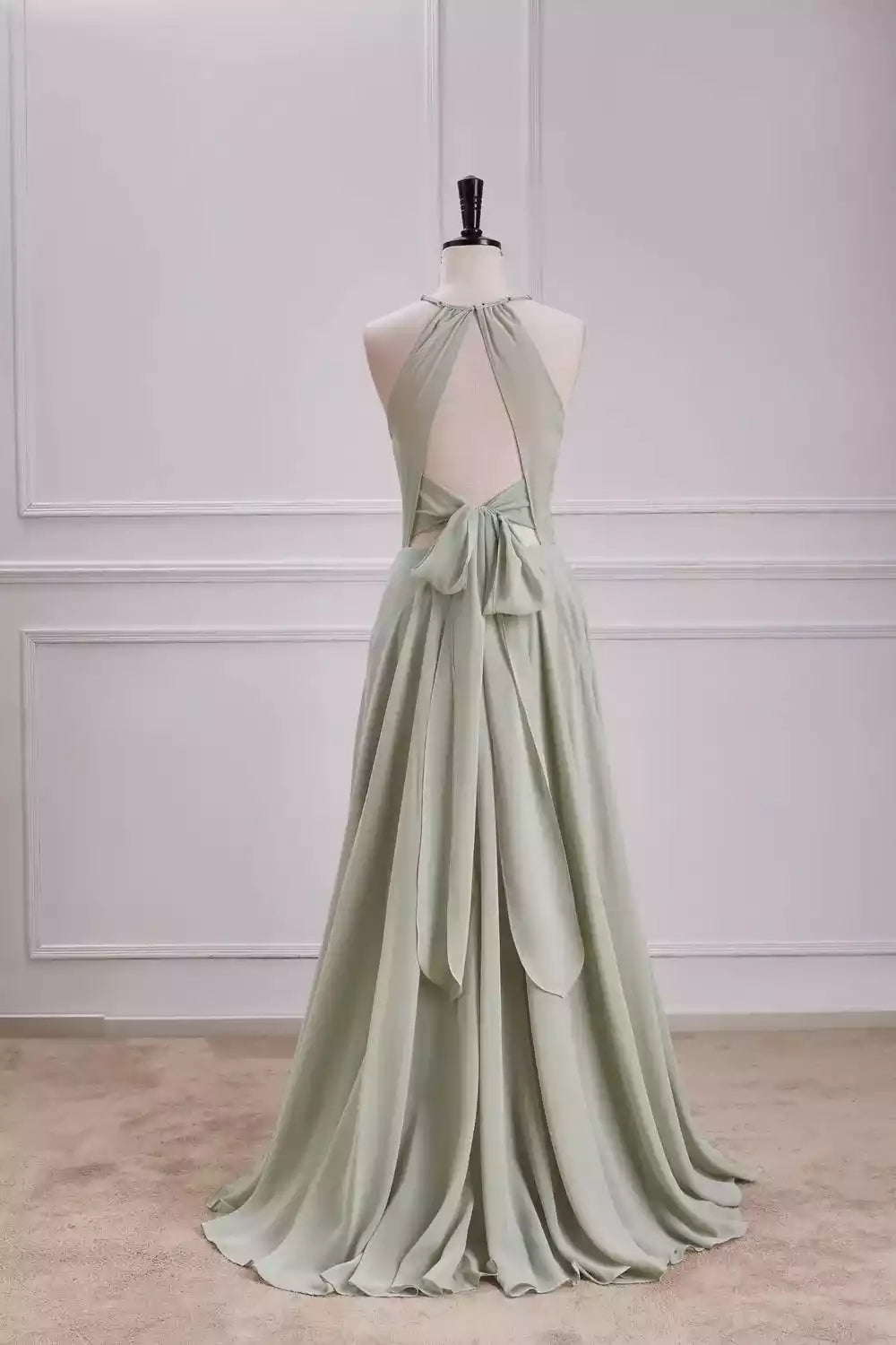 Ethereal Sage Green Chiffon Gown with Halter Neckline & Bow-Back Detail