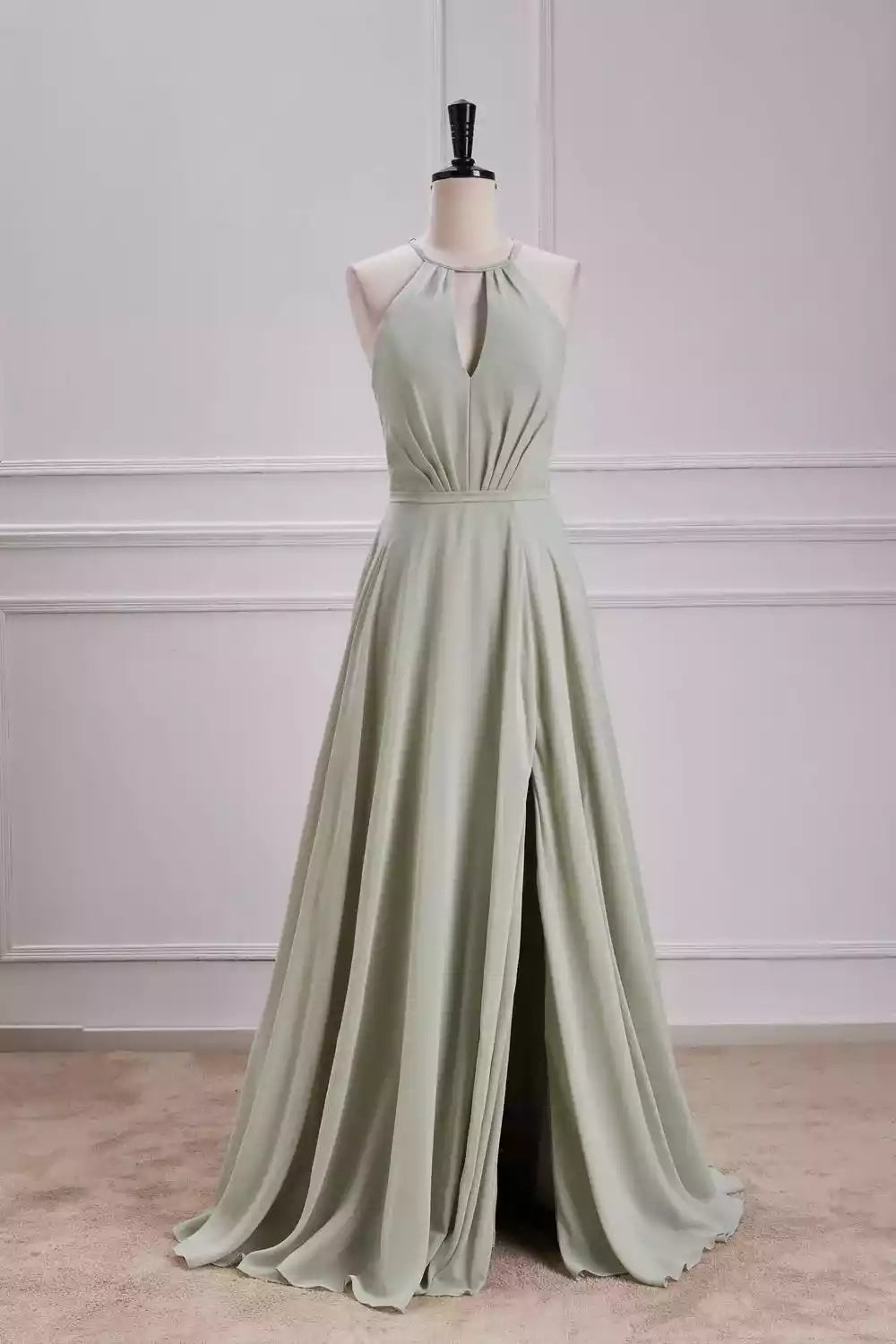 Ethereal Sage Green Chiffon Gown with Halter Neckline & Bow-Back Detail